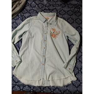 Democracy Button Up Shirt Large Adult Blue Chambray Long Sleeve Flowers Womens S